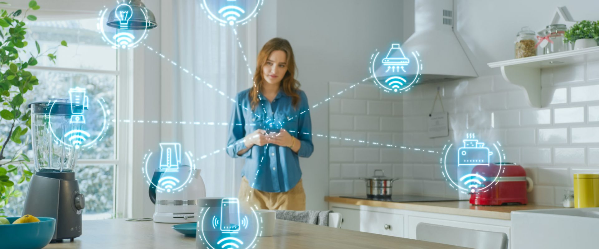 Internet of Things Concept: Young Woman Using Smartphone in Kitchen. She controls her Kitchen Appliances with IOT. Graphics Showing Digitalization Visualization of Connected Home Electronics Devices